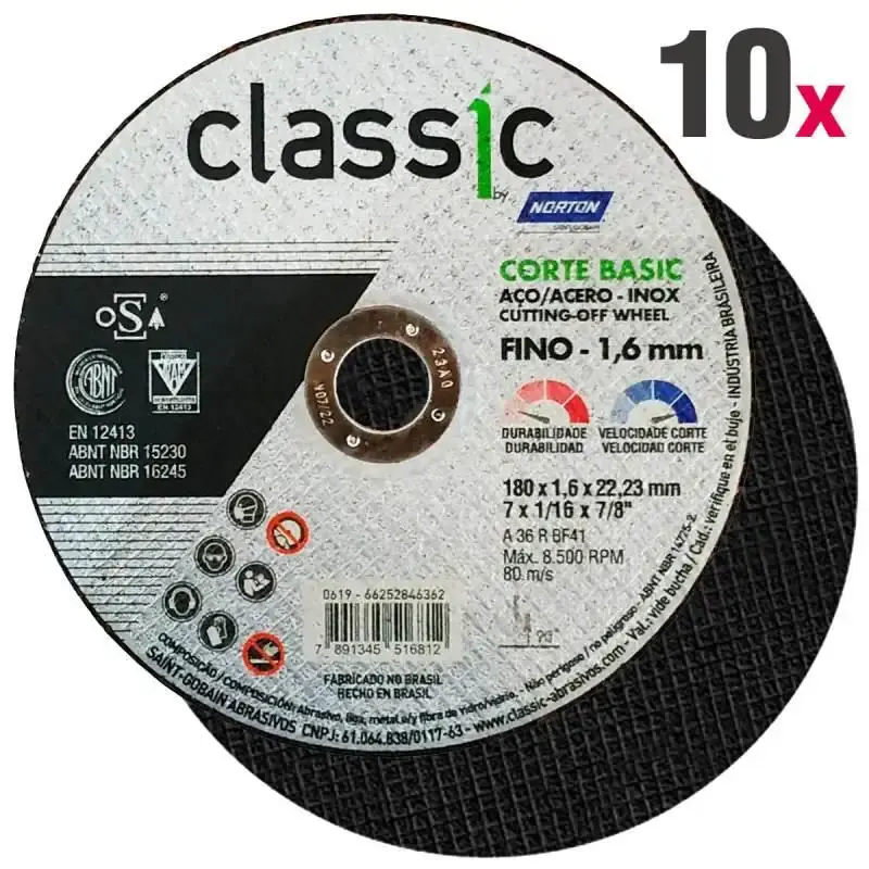 Disco de Corte 7 Polgadas x 1.6 MM Aço Inox Furo 7/8 Polegadas Classic Corte Basic Kit 10 Peças NORTON — fotografia de referência