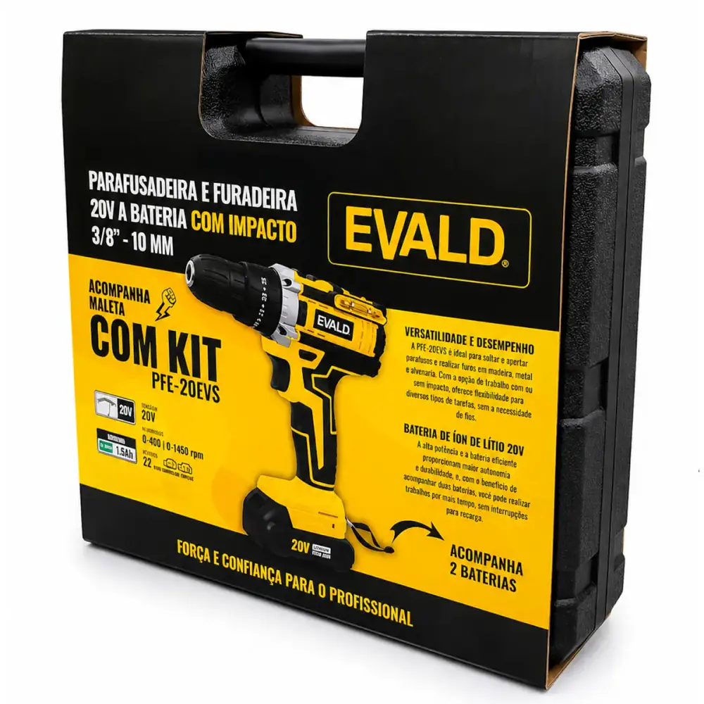 Parafusadeira furadeira de impacto 20V PFE-20EVS com maleta 2 baterias e kit Evald Bivolt — fotografia 10