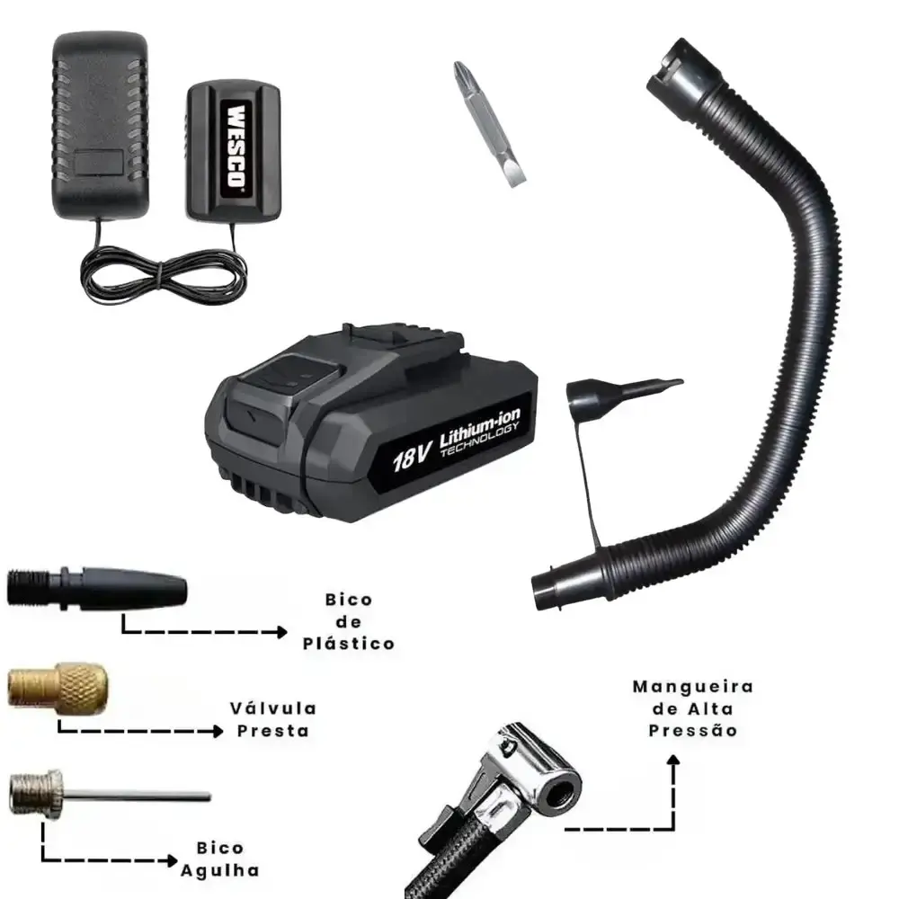 Parafusadeira e furadeira 18V com bateria e carregador compressor de ar portátil 160PSI 18V com 3 bicos Wesco — fotografia 3