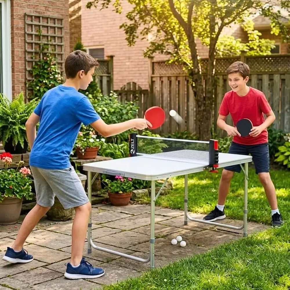 Mesa Dobrável em Alumínio Vira Maleta Camping 120cm x 60cm com Kit Ping Pong ZELT — fotografia 2