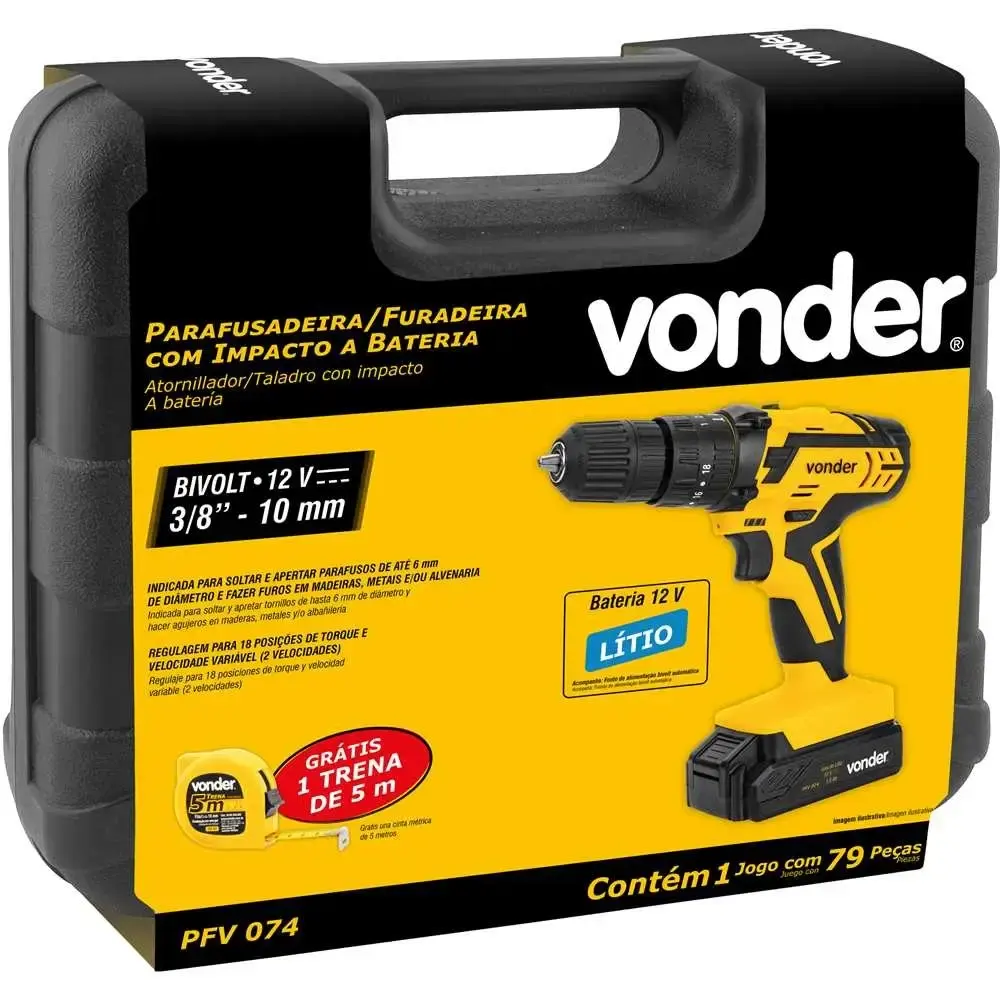 Parafusadeira e furadeira Impacto à Bateria 12V Bivolt com Jogo 74 Peças e Maleta PFV 074 VONDER — fotografia 10