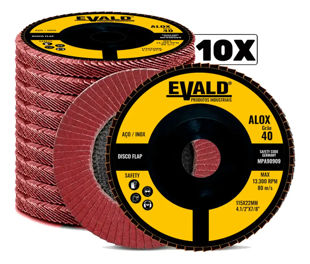 Disco de lixa flap 4.1/2 POL 115 MM aço inox grão 40 oxido de alumínio alox kit 10 peças Evald — fotografia de referência