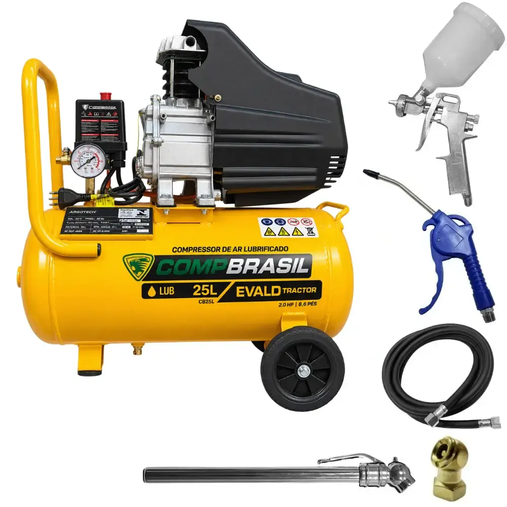 Compressor portátil lub 8,6PÉS 2HP 25 litros com kit multiuso 5 pçs evald tractor combrasil 220 V Compbrasil — fotografia de referência
