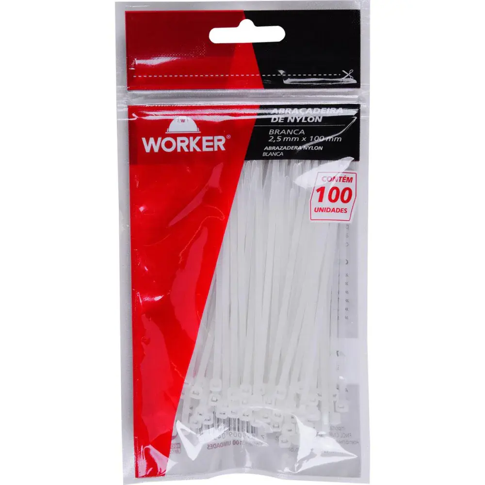 Abraçadeira de nylon 2,5X100MM branca 100 peç Worker