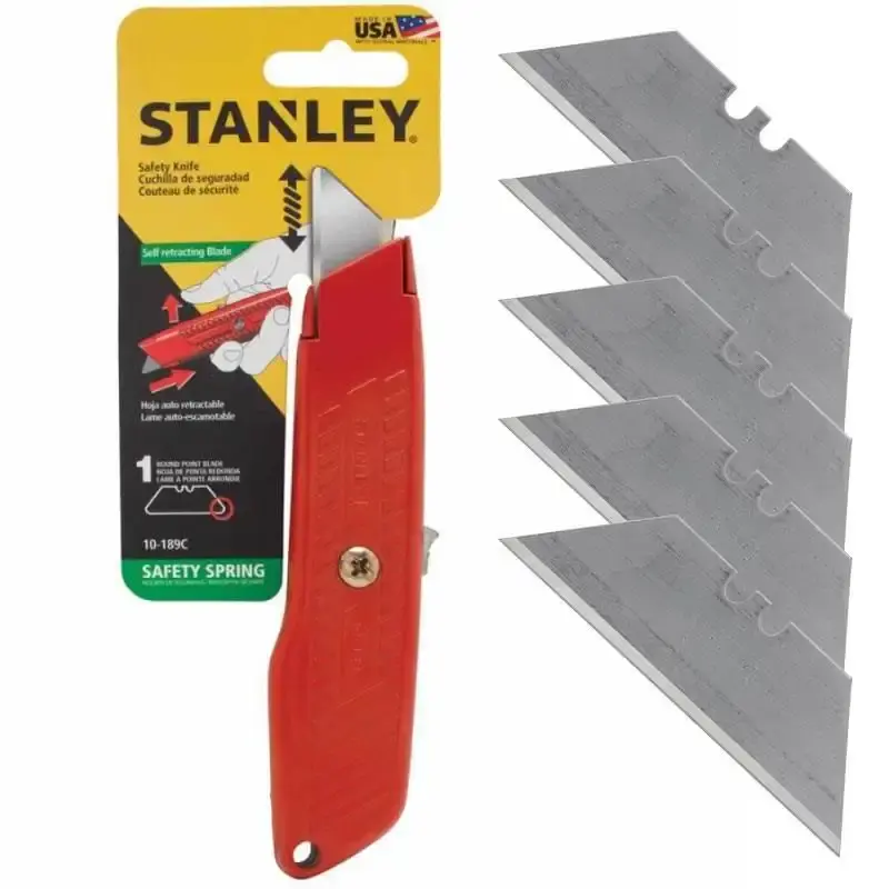 Estilete de segurança trapezoidal auto-retrátil 18 MM 10-189C com kit 5 lâminas Stanley — fotografia de referência
