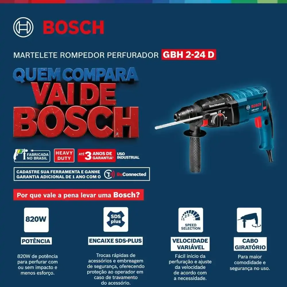 Martelete perfurador rompedor sds-plus 820W 2,7KG com maleta GBH 2-24D Bosch 110 V — fotografia de referência