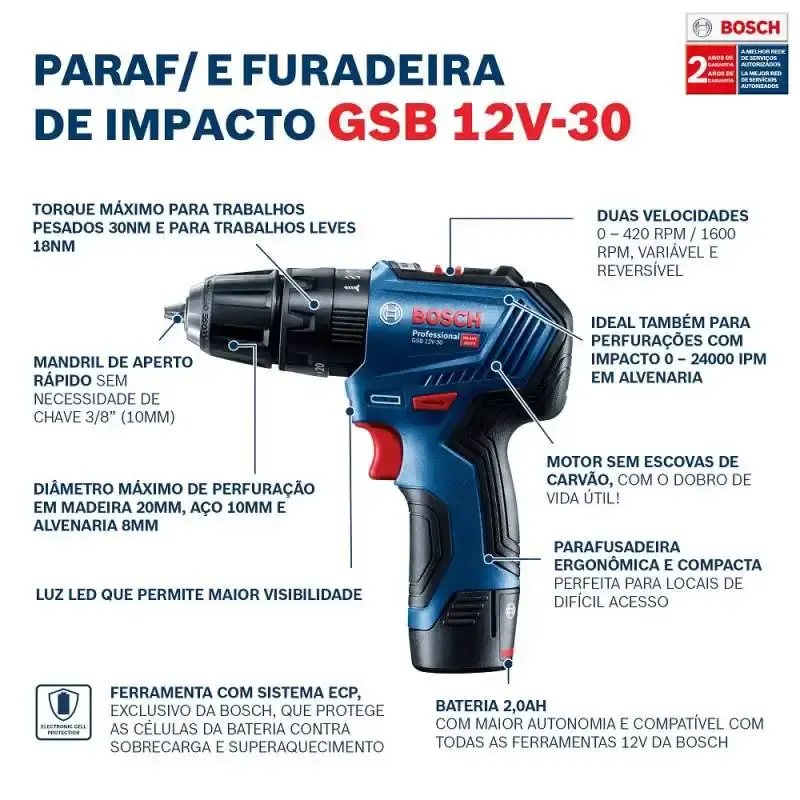 Furadeira parafusadeira bateria 12V com impacto GSB 12V-30 brushless sem bateria e carregador Bosch — fotografia 5