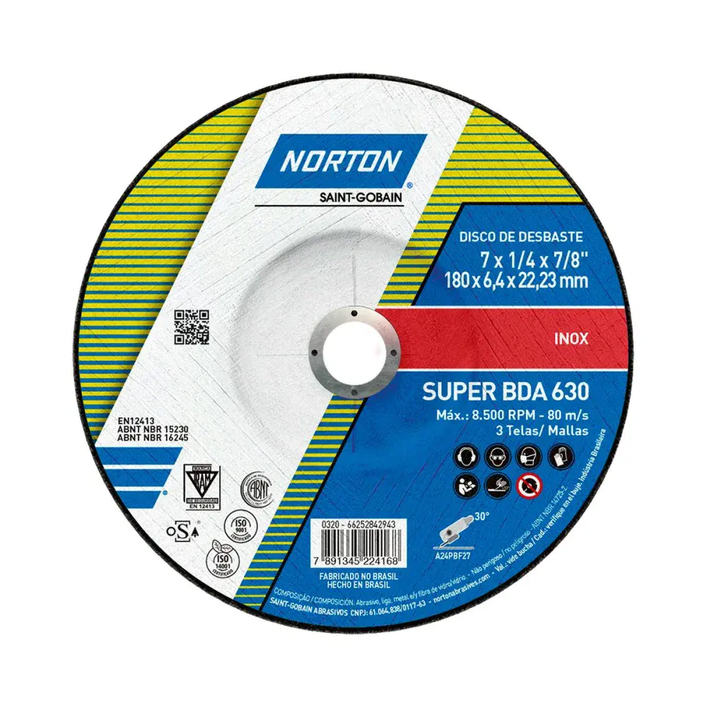 Disco de desbaste super inox BDA630 180X6,4X22,23MM Norton — fotografia de referência