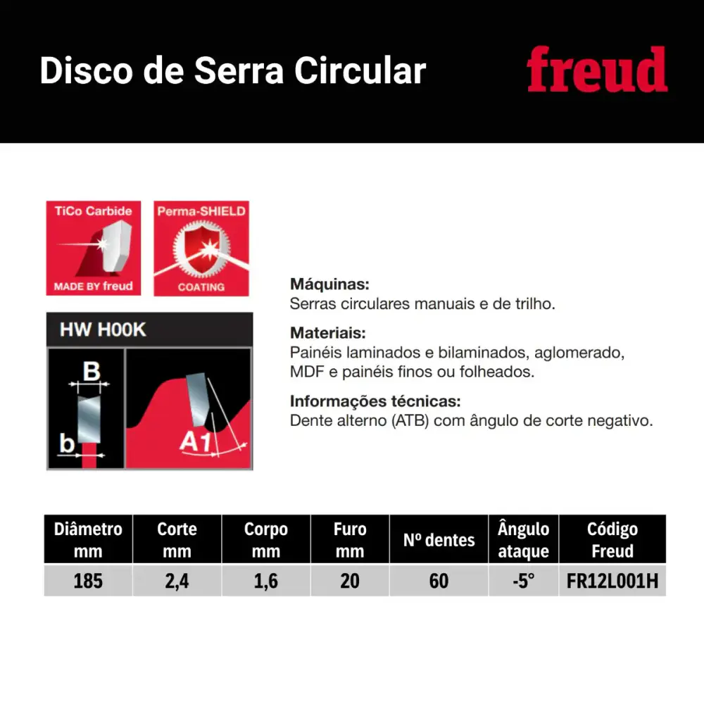 Disco serra circular 7.1/4 POL 185 MM 60D para MDF FR12L001H Freud — fotografia 3
