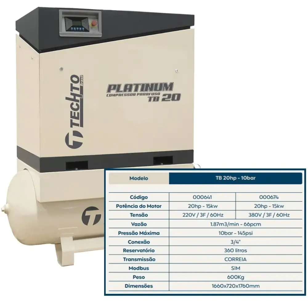Compressor de parafuso platinum com reservatório 360L 20HP 10BAR 380V TB20 techto — fotografia 6