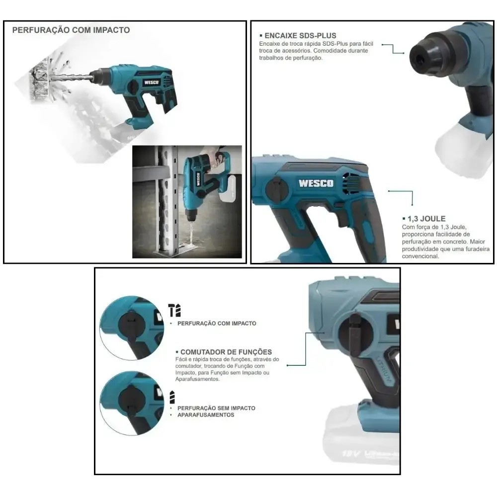 Parafusadeira e furadeira 18V com bateria e carregador martelete plus 18V WS2990.9 Wesco — fotografia 6