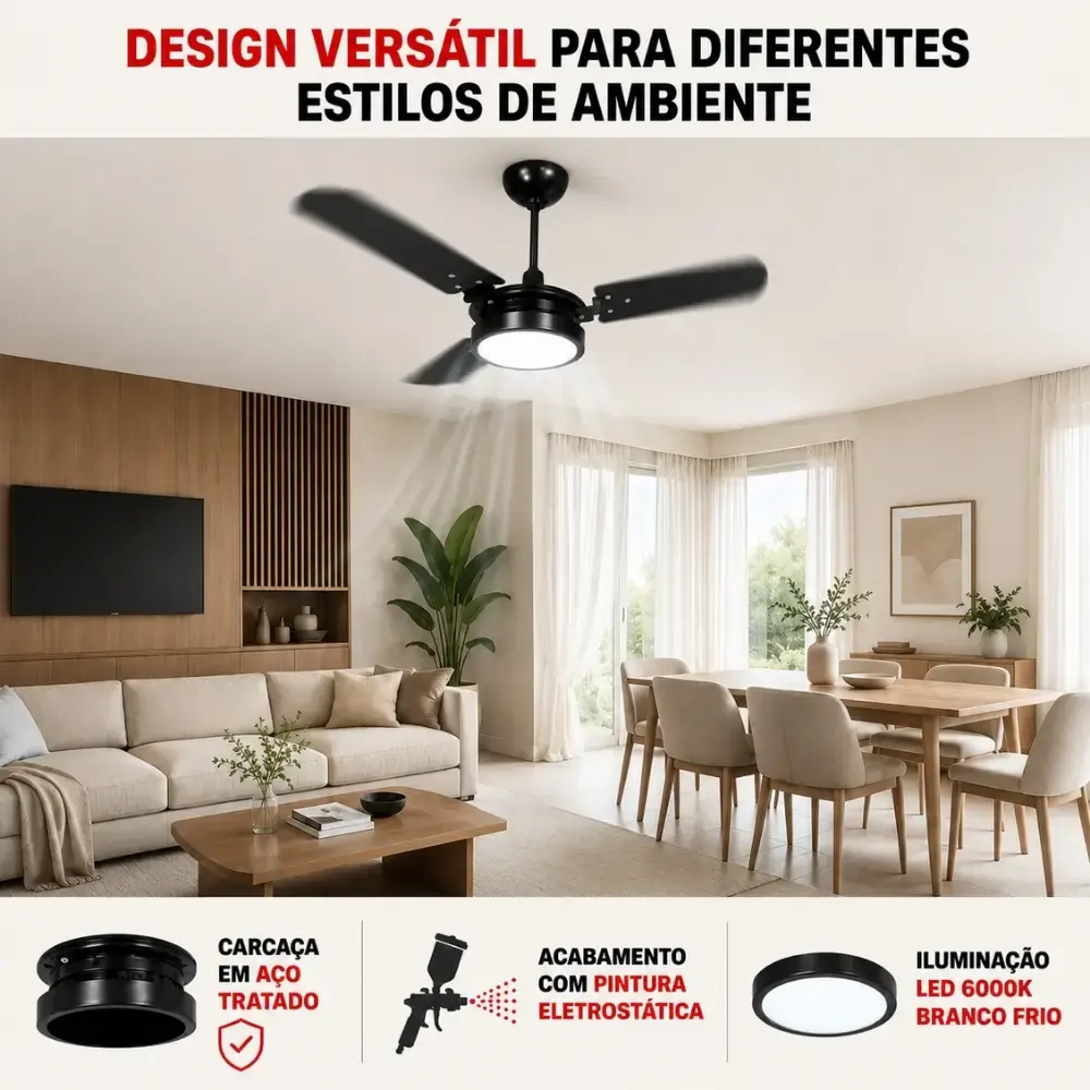 Ventilador de teto ventus 3 pás com LED 6K casa LYS Branco 110 V — fotografia 9