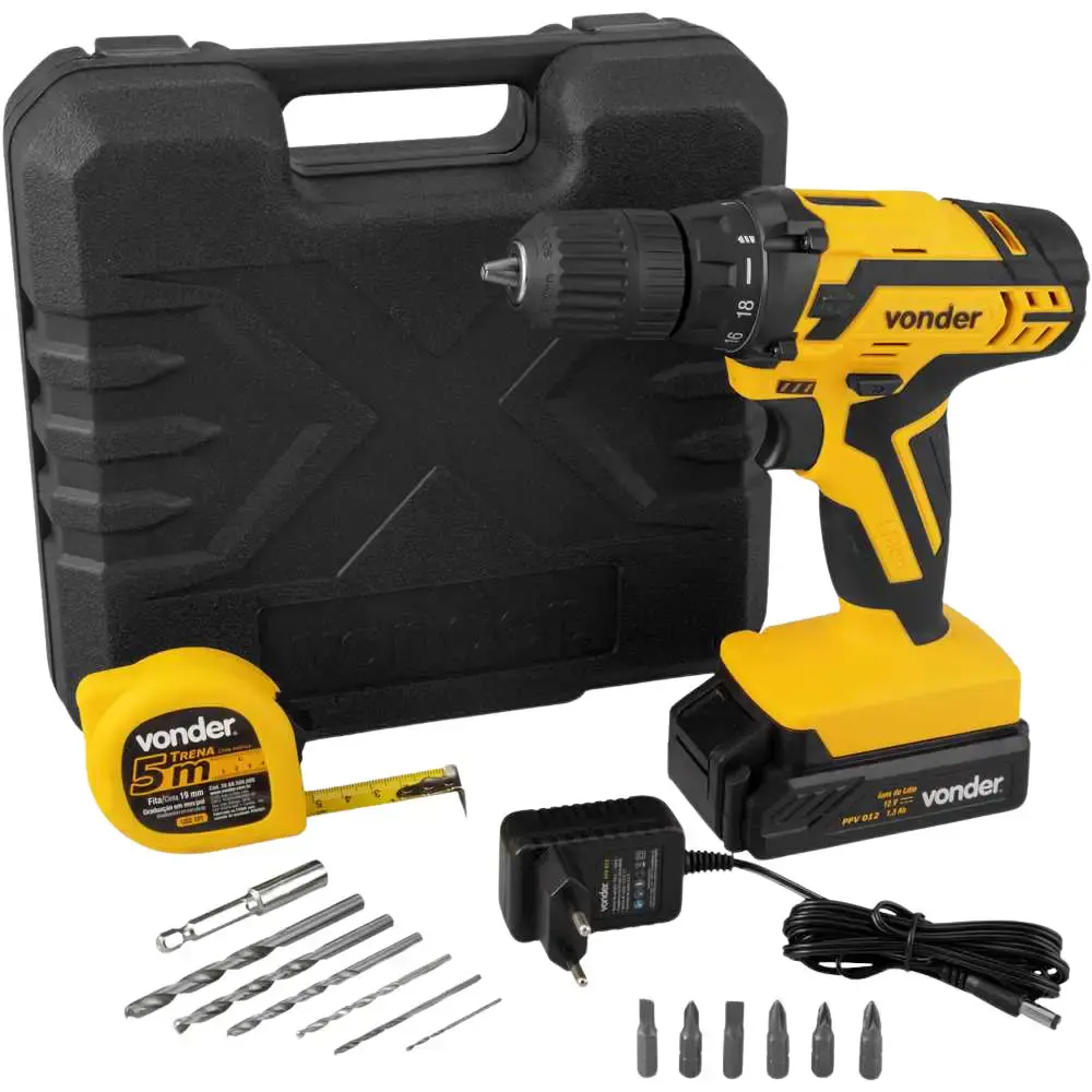 Furadeira e parafusadeira à bateria 12V bivolt PFV 012 kit brocas bits e trena Vonder — fotografia 3