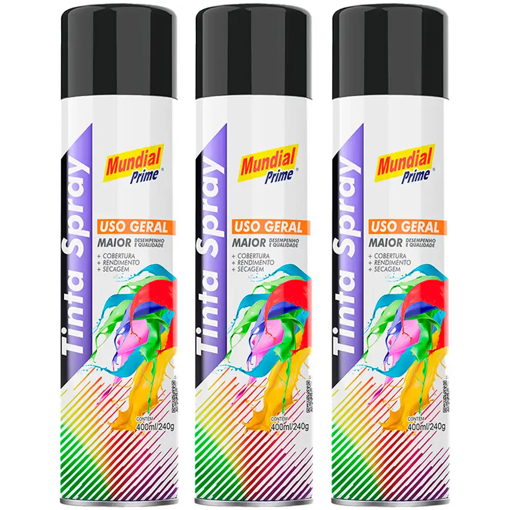 Tinta Spray 400 ml Preto Brilhante com 03 Uni Mundial Prime — fotografia de referência