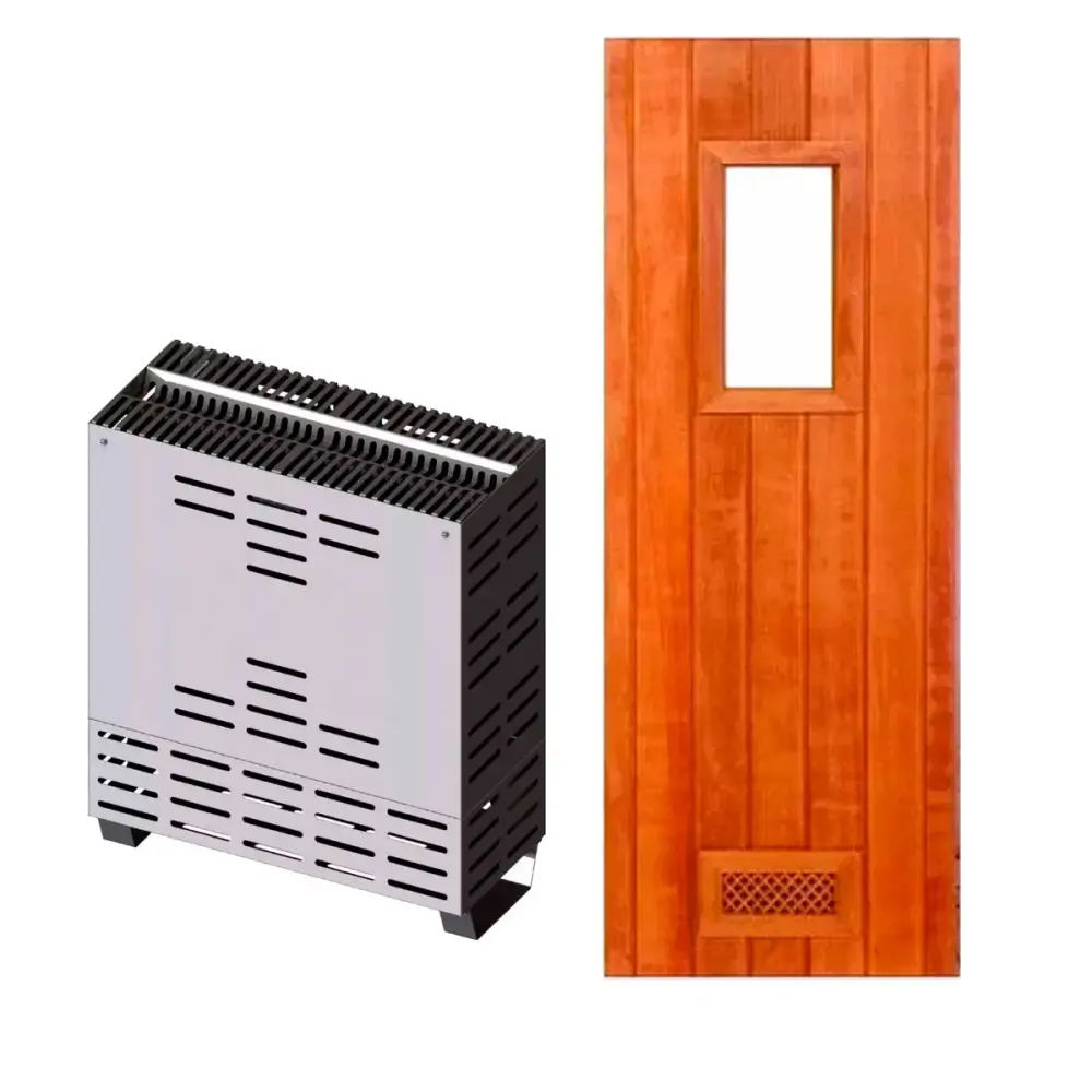 Conjunto sauna seca 7.5KW e porta em madeira para sauna seca Sodramar — fotografia de referência