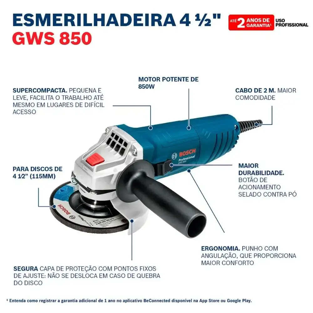 Esmerilhadeira angular 4,1/2POL 850W com 3 discos e maleta Bosch 110 V — fotografia 6