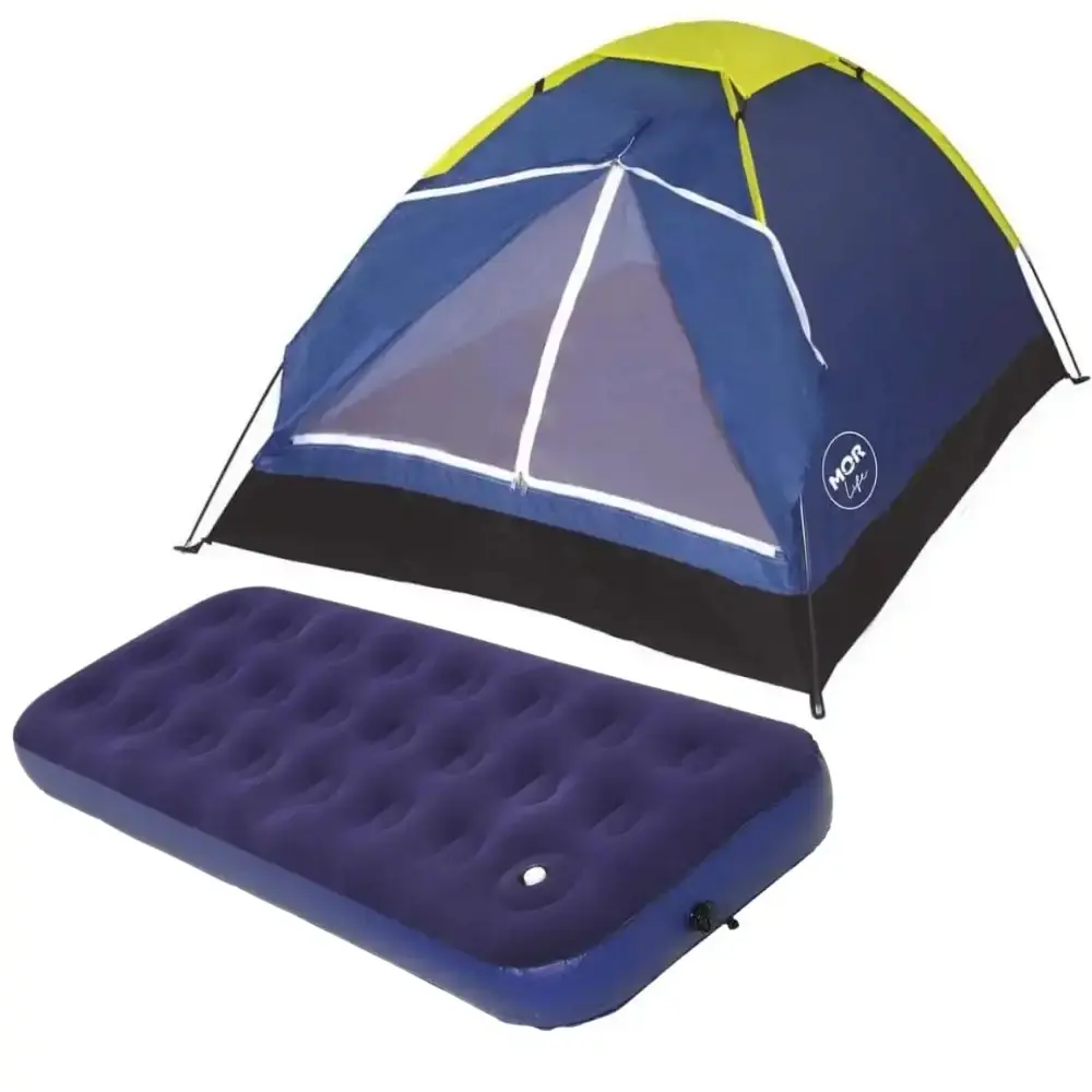 Barraca iglu para camping 2 pessoas azul com colchão inflável solteiro e inflador mecânico Mor — fotografia de referência