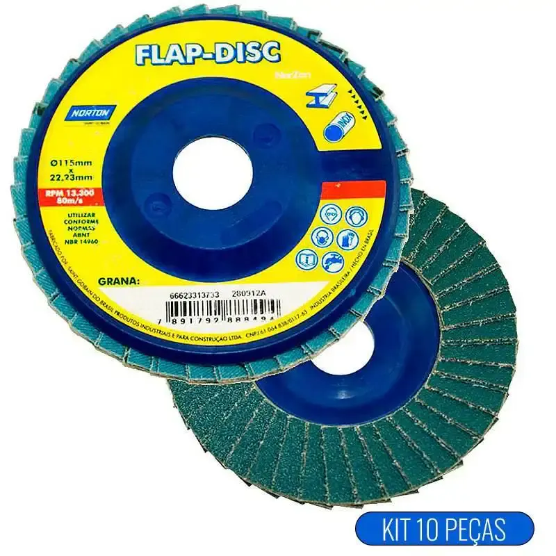 Kit discos de lixa flap 4.1/2 POL grão 120 com 10 unidades Norton — fotografia de referência