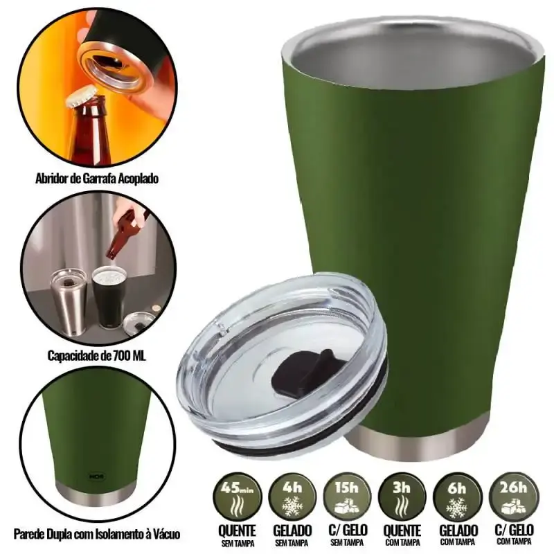 Copo Térmico de Cerveja Verde 700 ML c/ Tampa e Abridor - Conserva até 26h - MOR