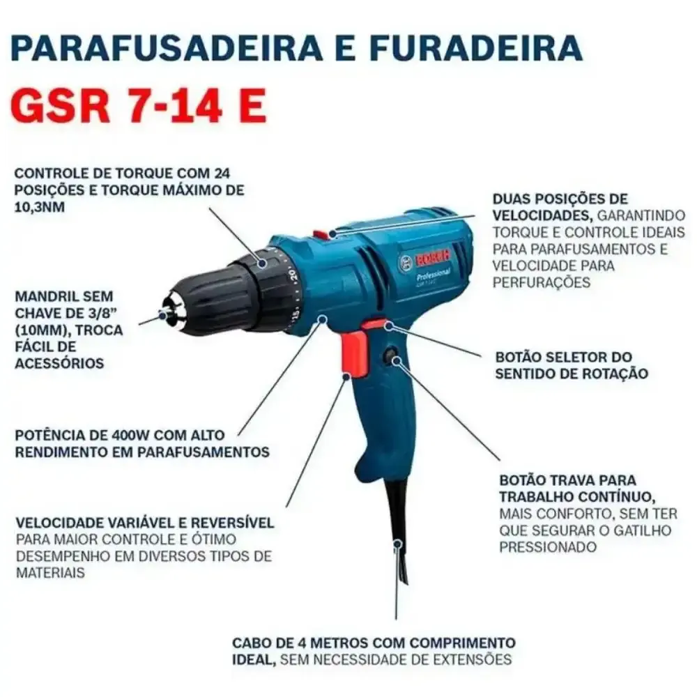 Parafusadeira Elétrica 400W cabo 4m com Kit de Pontas 33 Peças BOSCH 110 V — fotografia 6