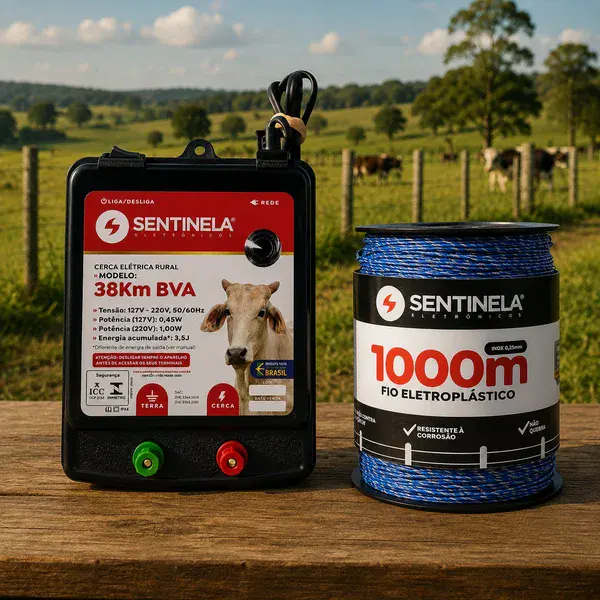 Kit eletrificador de cerca 38KM + 1000M de fio eletroplastico azul Sentinela