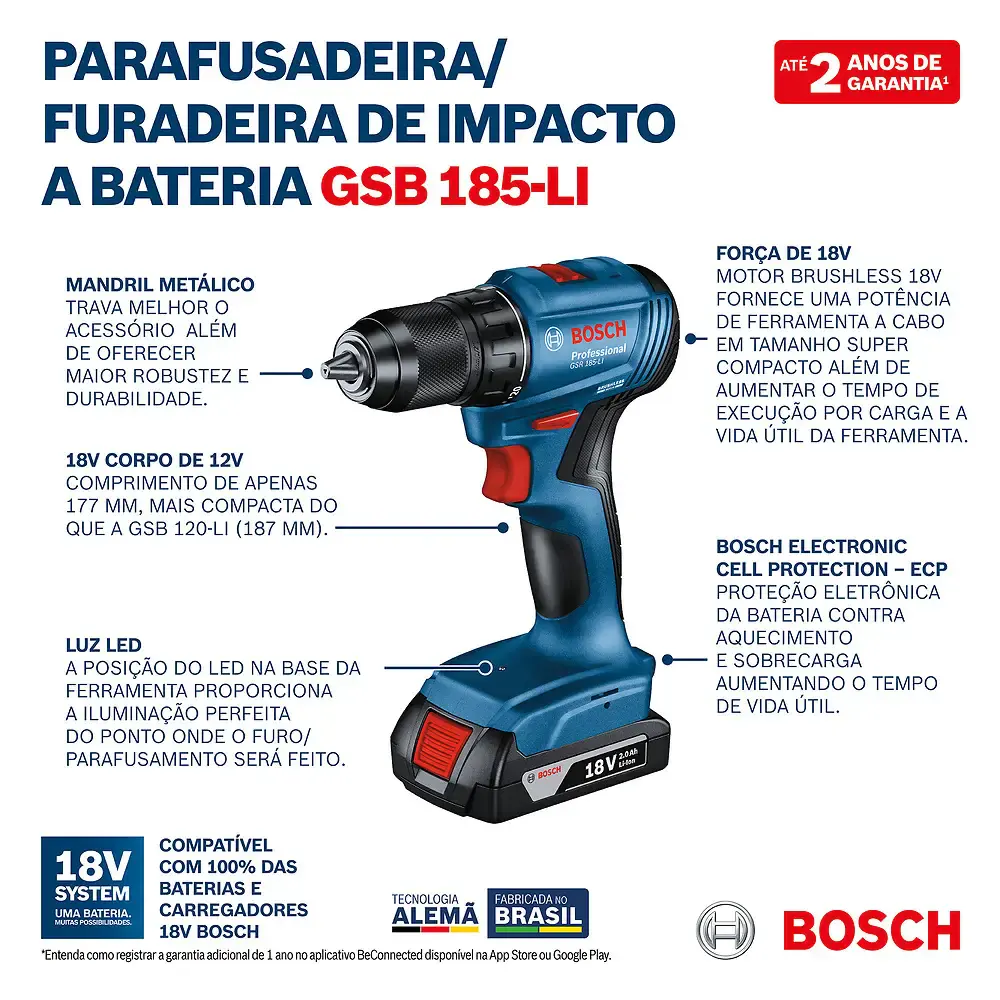 Parafusadeira bateria impacto 18V 65NM GSB 185-LI kit 2 baterias bivolt Bosch + kit 10 brocas — fotografia 3