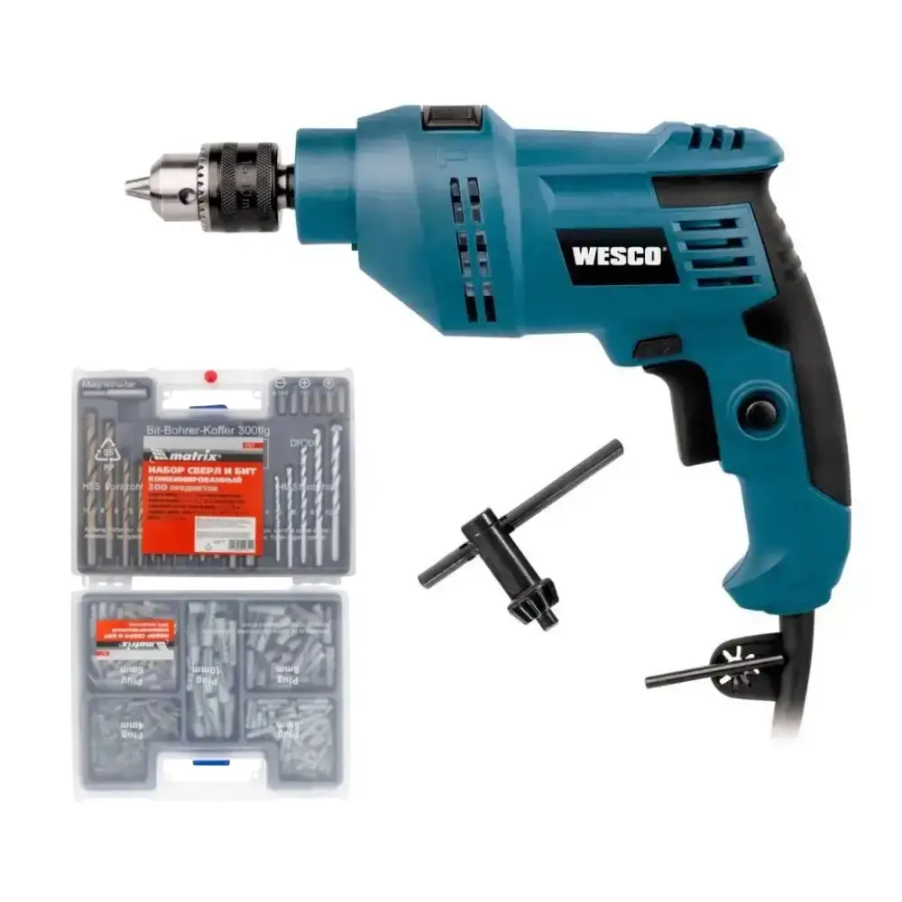Furadeira de impacto 3/8 POL 550W Wesco com jogo de brocas bits e buchas 300 peças MTX 110 V — fotografia de referência