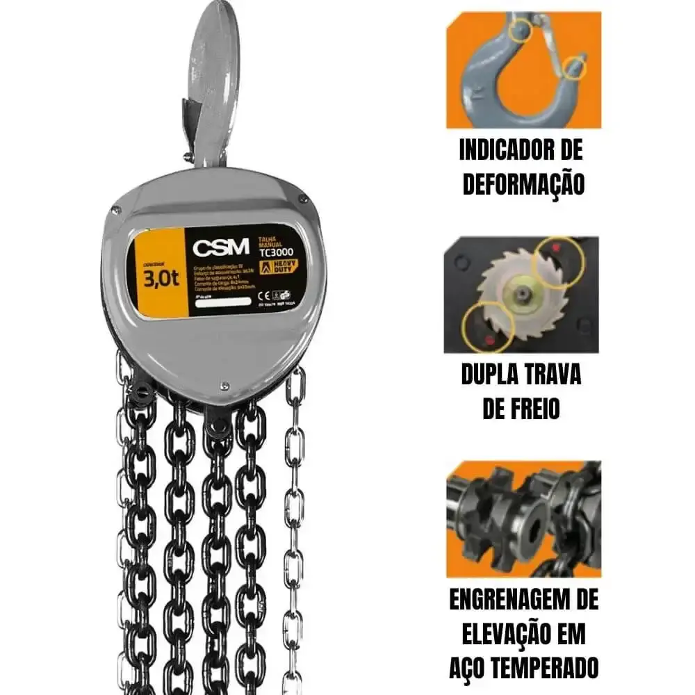 Talha manual de corrente 3 toneladas elevação 12 metros TC3000 CSM — fotografia 3
