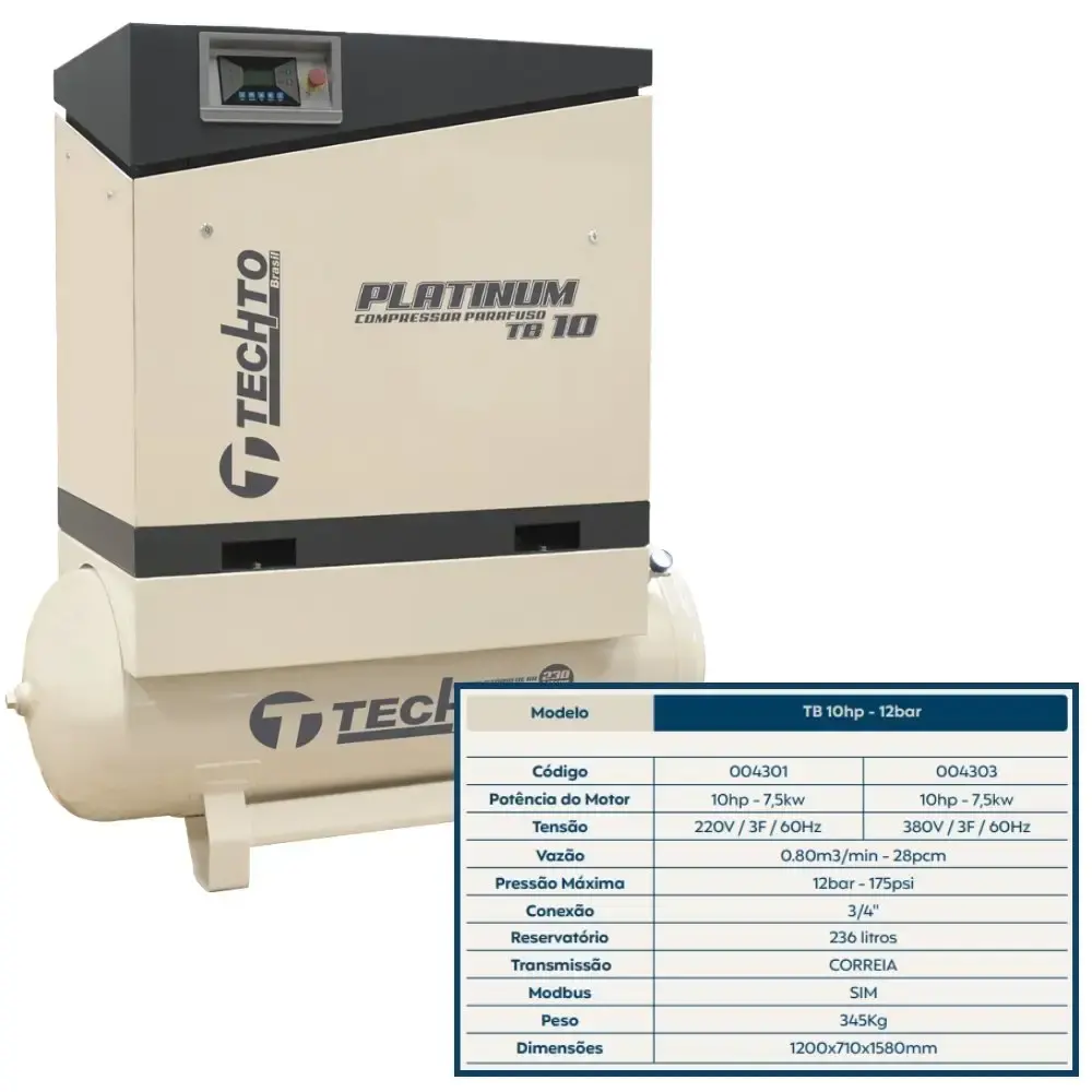 Compressor de parafuso platinum com reservatório 230L 10HP 12BAR 220V TB10 techto — fotografia 6