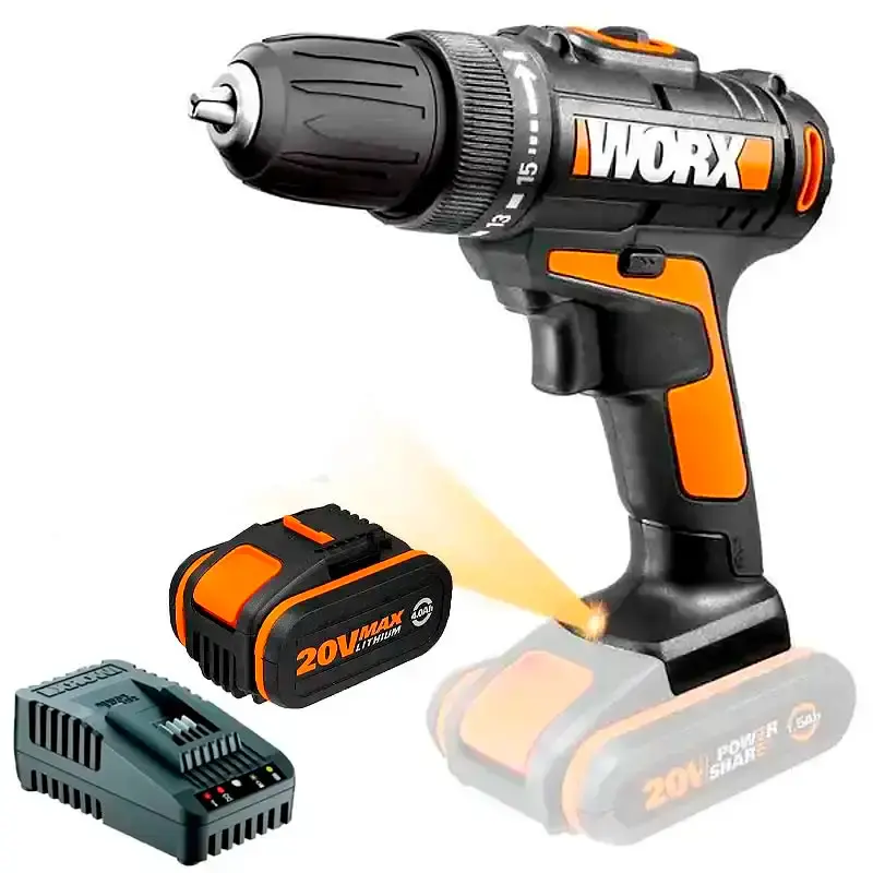 Furadeira parafusadeira WX101.9 + bateria 4.0 ah powershare e carregador bivolt Worx — fotografia de referência