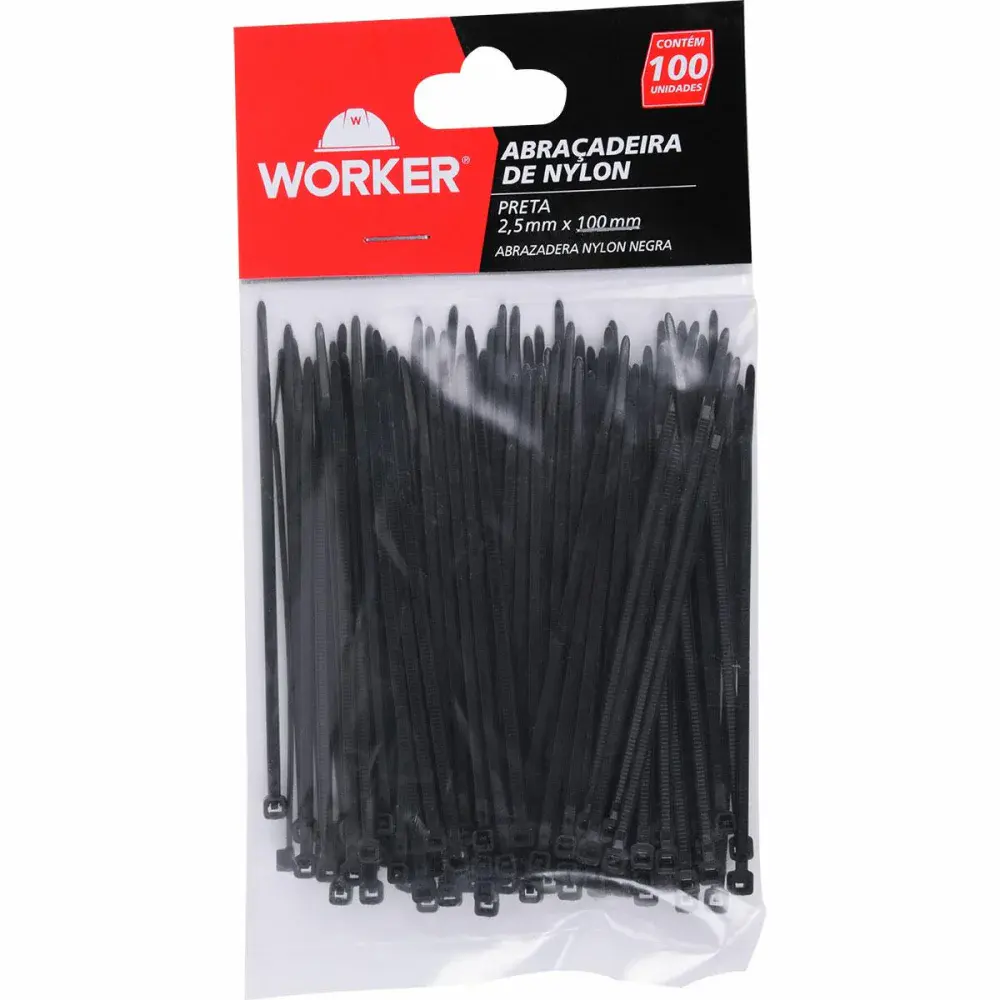 Abraçadeira de nylon 2,5X100MM preta 100 peç Worker — fotografia de referência