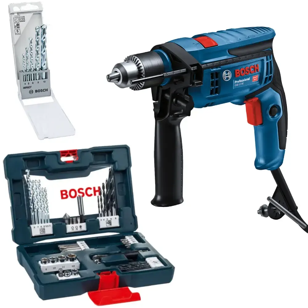 Furadeira impacto 750W com estojo de brocas e pontas bits Bosch — fotografia de referência