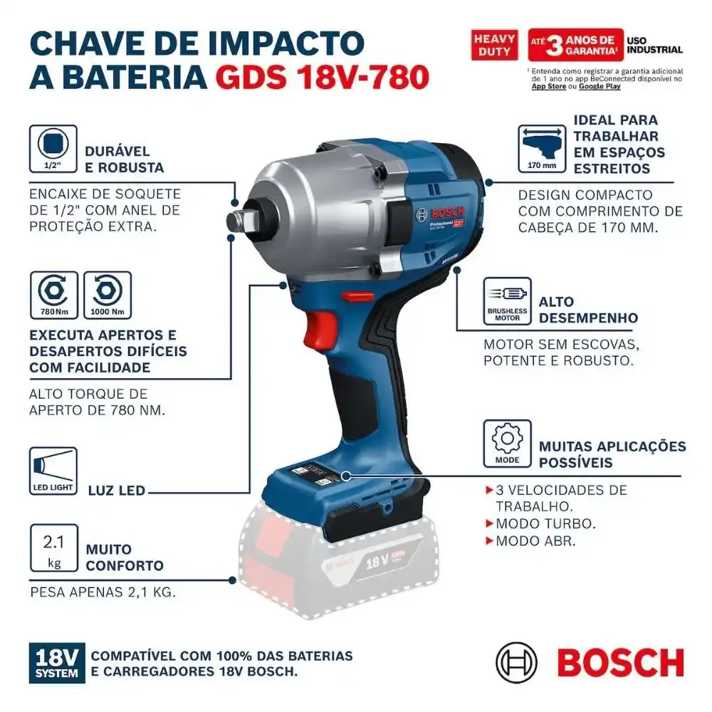 Chave de impacto 1/2 POL 780 NM a bateria 18V brushless sem carregador e bateria GDS18V-780 Bosch — fotografia 8