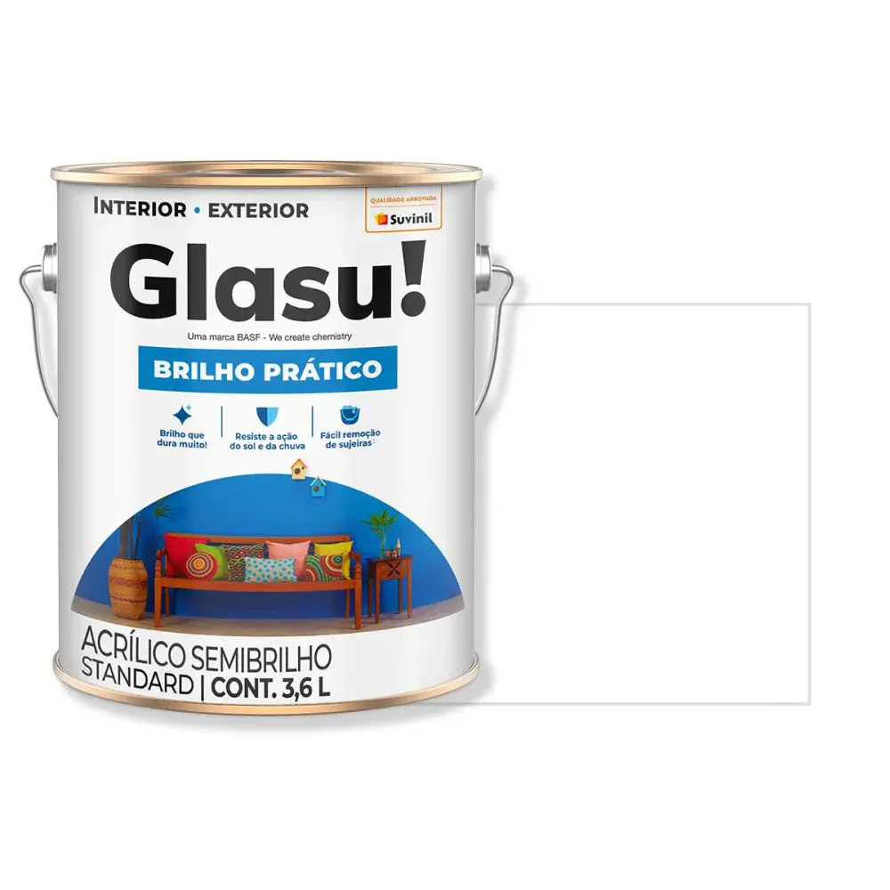 Tinta acrílica semibrilho brilho prático branco 3,6L glasu Suvinil Glasu! — fotografia de referência