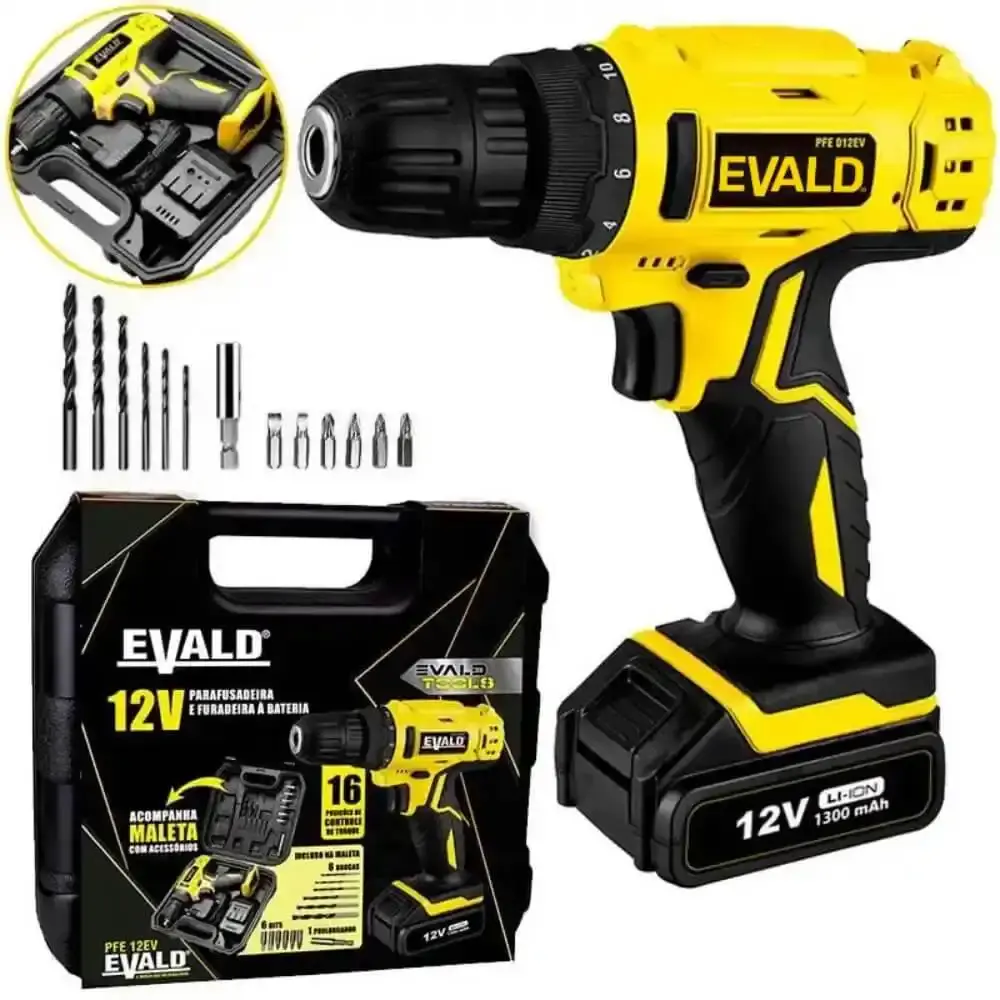 Parafusadeira a bateria 12V bivolt PFE-12EV com maleta e kit brocas 41 pçs EV-EBB41 Evald — fotografia 4