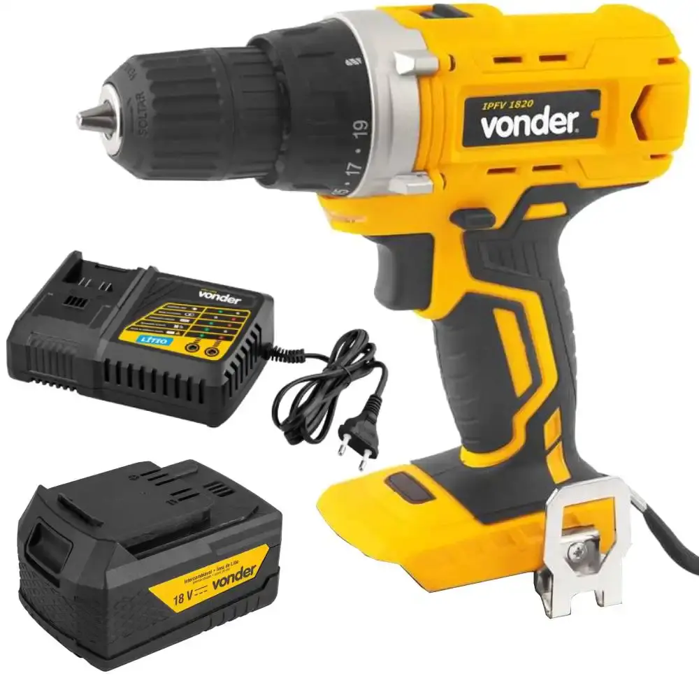 Parafusadeira 3/8 POL + bateria 18V + carregador de bateria 18V Vonder