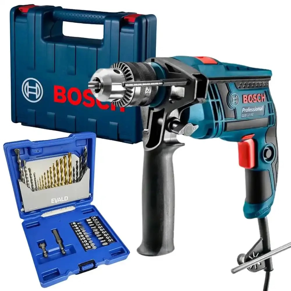 Furadeira de impacto GSB 13 RE com maleta Bosch e kit brocas e pontas 41 peças evald 220 V — fotografia de referência