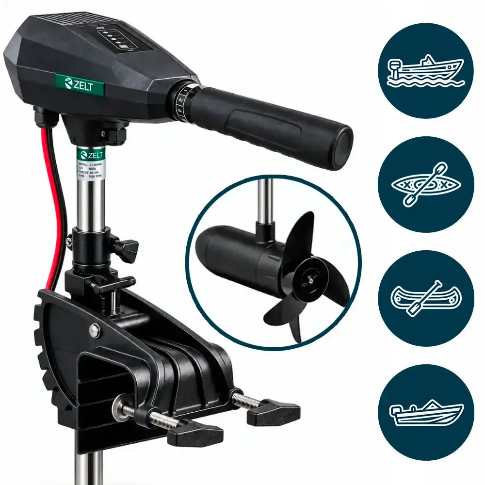 Motor elétrico de popa 12V 58LB para barco canoa caiaque 612W digital haste ajustável Zelt — fotografia de referência