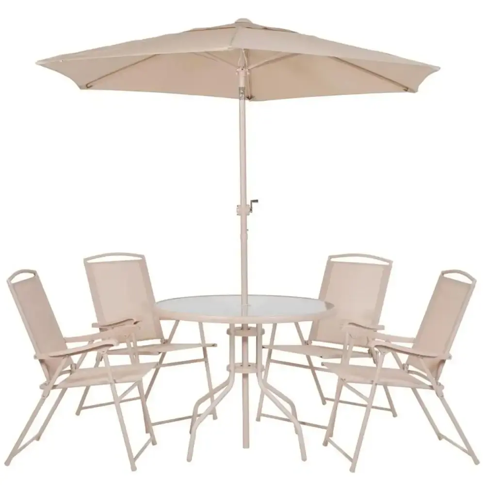 Conjunto de mesa e cadeira e guarda sol para jardim em aço bege malibu Mor — fotografia de referência