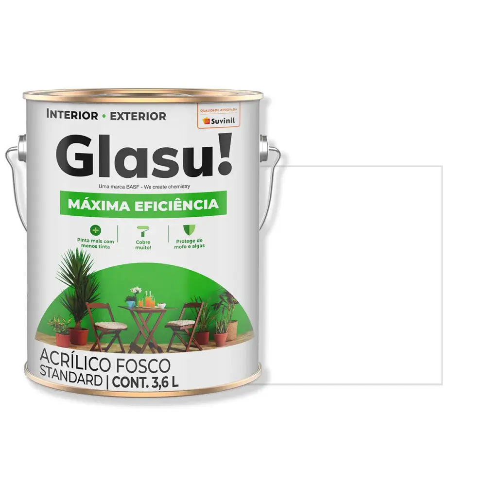 Tinta acrílica máxima eficiência fosco branco 3,6L glasu Suvinil Glasu!