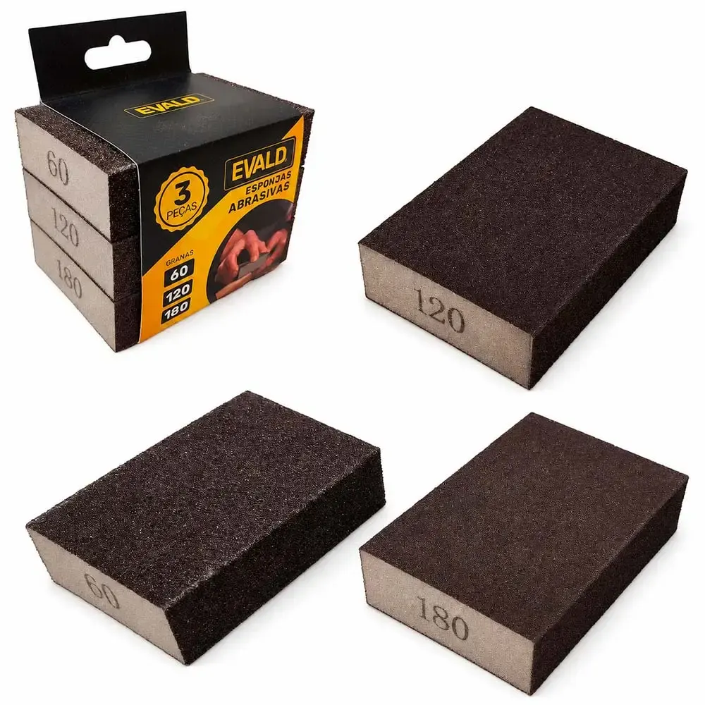 Kit esponja abrasiva rígida com 3 unidades 95X65X23 MM grãos 60 120 e 180 Evald — fotografia de referência