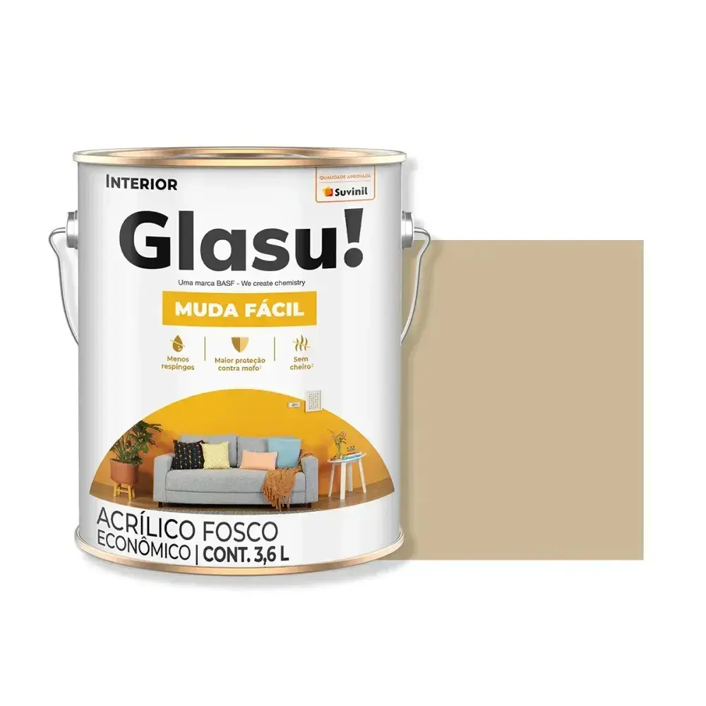 Tinta acrílica muda fácil fosco camurça 3,6L glasu Suvinil Glasu! — fotografia 2