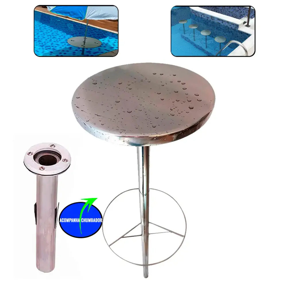 Kit banco em inox para piscina e chumbador para fixação bar molhado Evald — fotografia de referência