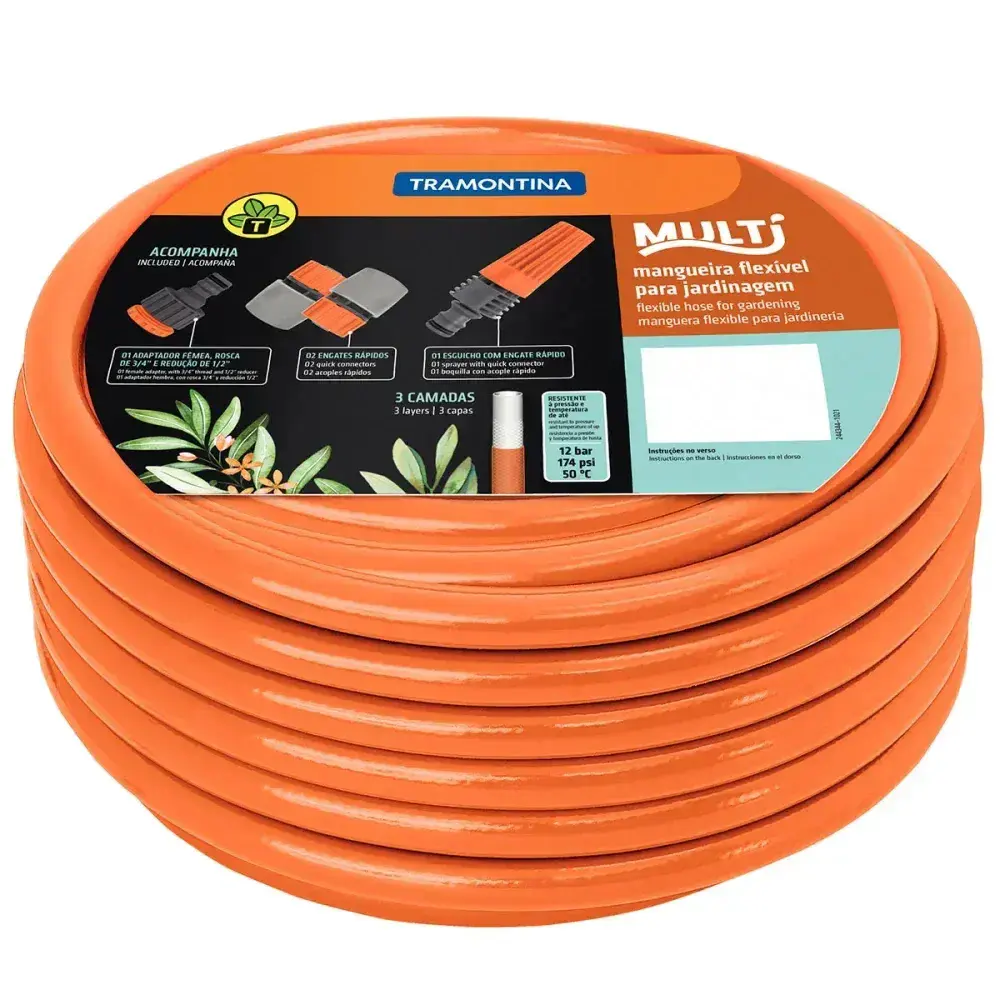 Mangueira jardim laranja em pvc 3 camadas 1/2 20 m com engates e esguicho Tramontina — fotografia 3