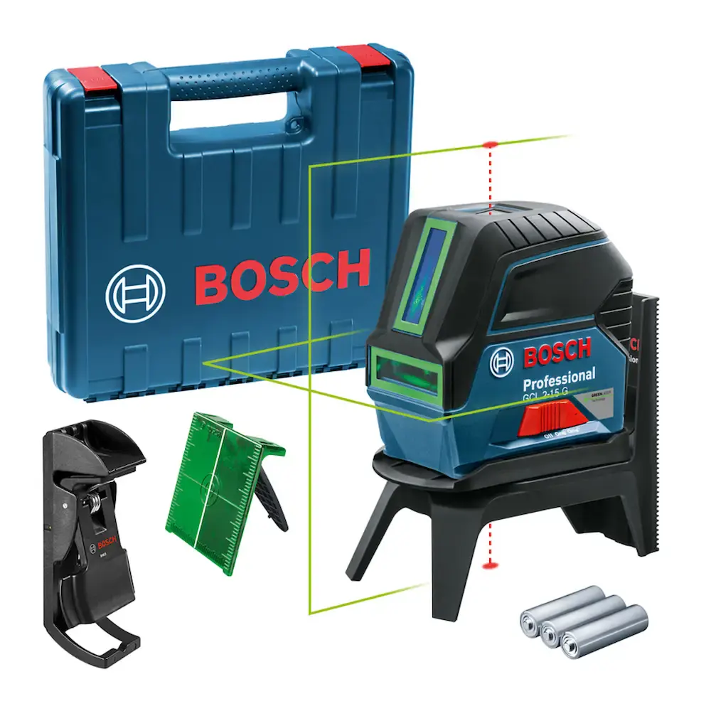 Nível a laser verde Bosch GCL 2-15 G 15m, suporte e maleta — fotografia 5