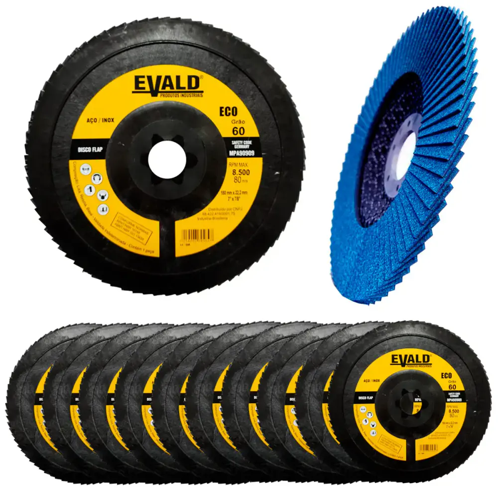 Disco de Lixa Flap Zirconio 7 POL 180 mm Aço Inox Grão 60 Kit 10 Unidades EVALD — fotografia de referência