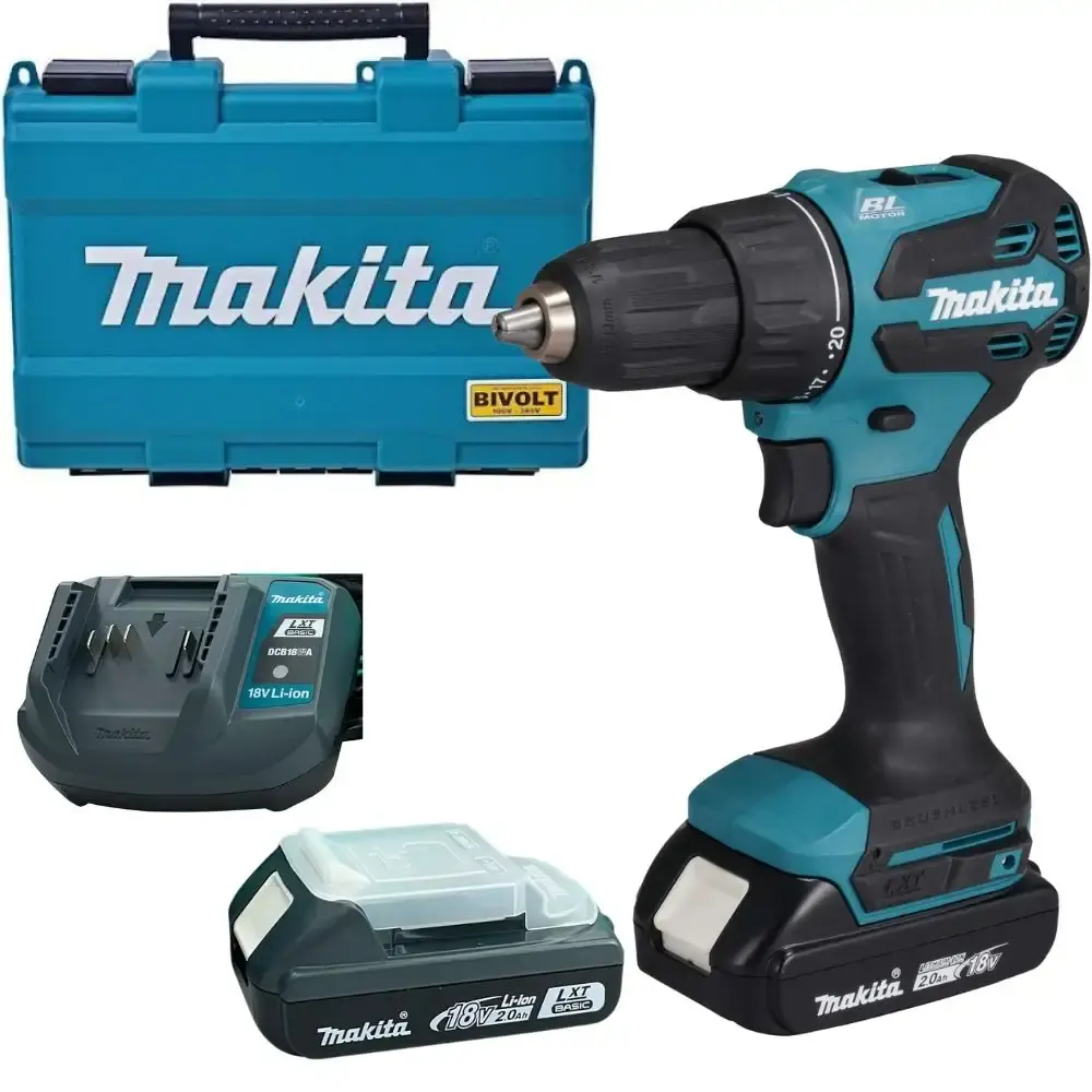 Parafusadeira furadeira impacto 18V 1/2 POL com 2 baterias carregador e maleta Makita — fotografia de referência