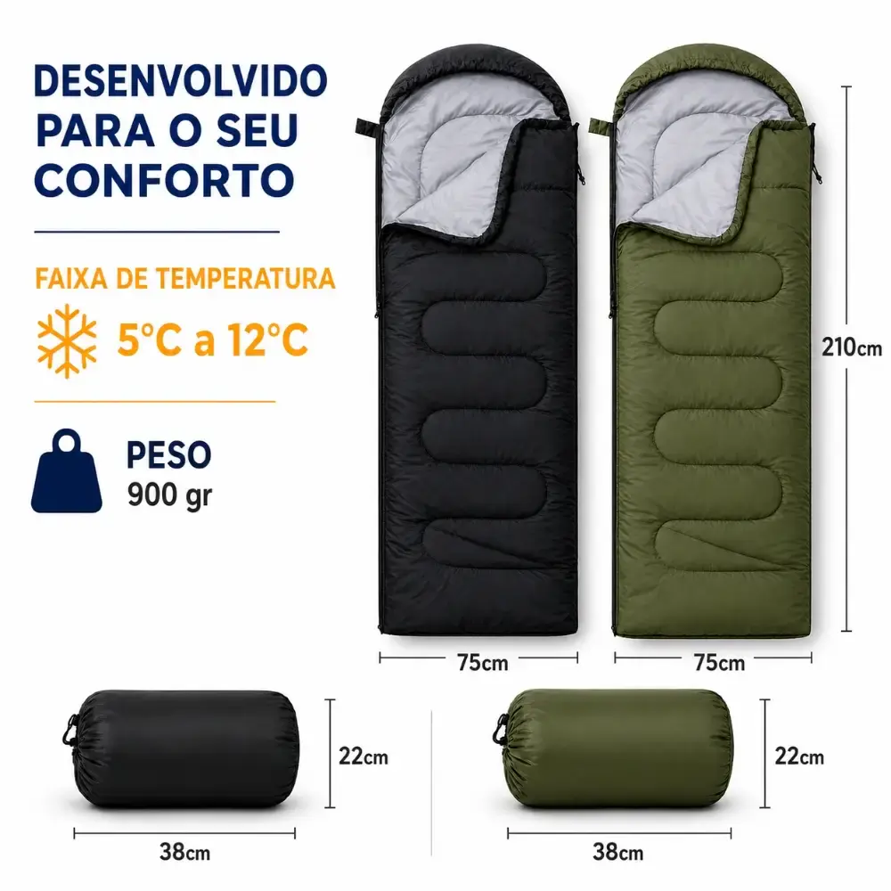 Saco de Dormir Camping Pesca Impermeável Confortável 2,10 x 72 CM c/ Capuz e Bolsa ZELT Preto — fotografia 2