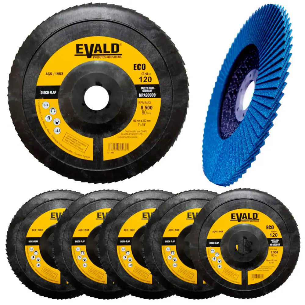 Disco de Lixa Flap Zirconio 7 POL 180 mm Aço Inox Grão 120 Kit 5 Unidades EVALD — fotografia de referência