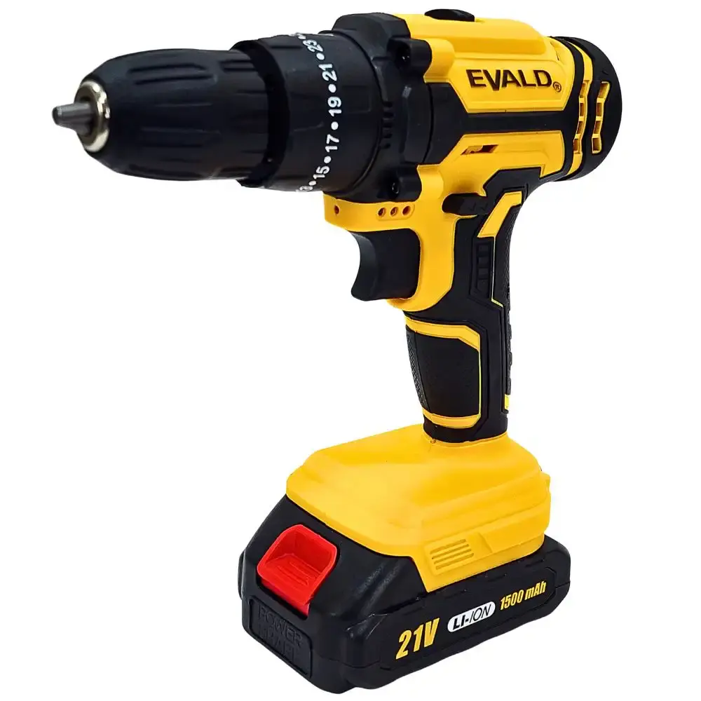 Parafusadeira furadeira bateria 21V com impacto, maleta, 2 baterias e kit 136 peças bivolt Evald — fotografia 3